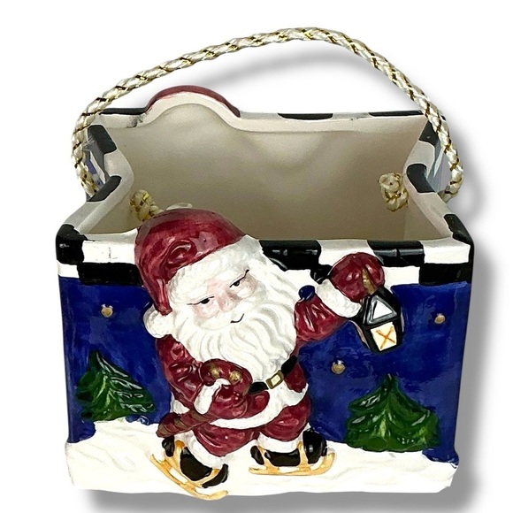 Vintage Ceramic Gift Bag Decorative Skating Santa Blue Christmas Holiday Theme - Picture 4 of 16